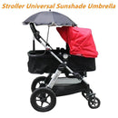 A stroller with a red canopy, large wheels, storage basket, and the 360 Degrees Pram Umbrellas Cart Accessories Adjustable Stroller Umbrella in black. Above it is the text Stroller Universal Sunshade Umbrella.