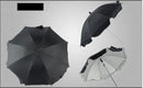 Three perspectives of the 360 Degrees Pram Umbrella: fully open from above, partially open from the side, and fully showing the silver reflective interior. Its a black adjustable stroller umbrella perfect as a pram accessory.
