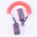 The Child Safety Wristband is a pink and orange coiled leash with an anti-slip velcro design and dual clips, perfect for surfboards or sports gear. Its U-shaped leash supports 360-degree free rotation against a white background, offering maximum flexibility.