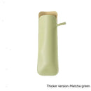A rectangular pencil case in light green, crafted from high-quality polyester fiber with a zipper, is displayed vertically. The phrase Thicker version—Matcha green appears at the bottom right. Product: Color Self-opening Umbrella Color Matching Leather Case.