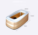 The Household Simple Automatic Shoe Cover Machine boasts a sleek, durable rectangular gold and silver design with rounded edges. It measures 24.5 cm in width, 16.5 cm in height, and 43 cm in length, featuring a visible inner compartment for effortless use.