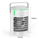 The Mini Air Cooler Household Desk is a cylindrical white portable fan, 238mm tall and 161mm wide, serving as both a fan and cooler. It includes a carrying handle, buttons for light, fan, modes, control panel indicators, and is USB powered for on-the-go convenience.