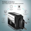 The image shows a sleek black Mobile phone charger power adapter with dual prongs. Text and icons emphasize its protections: short-circuit, over-charge, over-temperature, over-voltage, over-current, and anti-static protection for safe use.