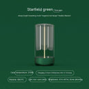 The New LED Camping Light is a Type-C rechargeable, portable night light in a green cylinder design. It features a magnetic LED filament and dark green background, offering 2700K color temperature, warm yellow glow for up to 16 hours on a 3-hour charge, and three dimming levels.