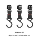 The Outdoor Camping Aluminum Alloy Large Foldable Portable Clothes Drying Rack features three black hooks with adjustable straps. Made from durable aluminum alloy, they measure 11cm x 3.5cm with a 1.8cm hole diameter and include S-hooks and loop attachments for camping use.