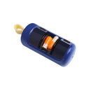 The Portable 3 Compartments Pill Storage Box is a blue cylindrical organizer featuring a clear middle showing an orange capsule and one with white beads. It has a yellow loop for easy transport, offering convenient pill storage on the go.