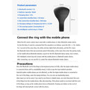 Product guide image for the Wearable Finger Ring Bluetooth 5.0 Remote Control Smart Wireless Controller. Displays specifications, connection, and precautions. It features onboard charging, low energy use, and instructions for mobile phone connectivity.
