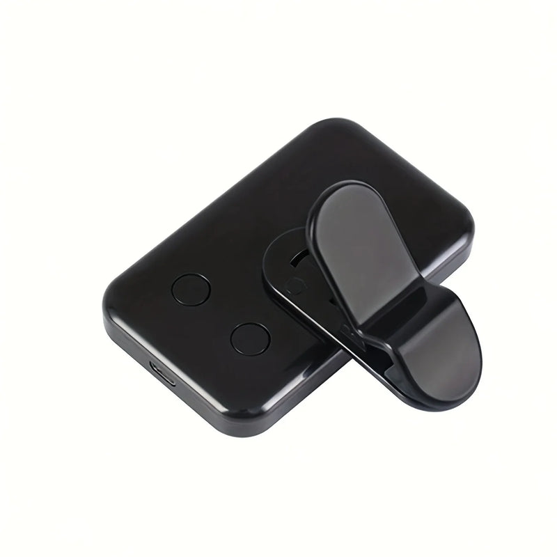 A Mini Selfie Fill Light in black, rectangular shape with two buttons and a front clip is shown on a white background. It has a side charging port, uses a reliable polymer battery, and features adjustable brightness with 3 color modes.