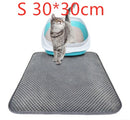 A gray cat steps out of a blue and white litter box onto the Cat Litter Pad Honeycomb Cat Pad Waterproof Urine Proof Pad in black. waterproof cat litter pad Red text above shows S 30*30cm, indicating the mat’s size.