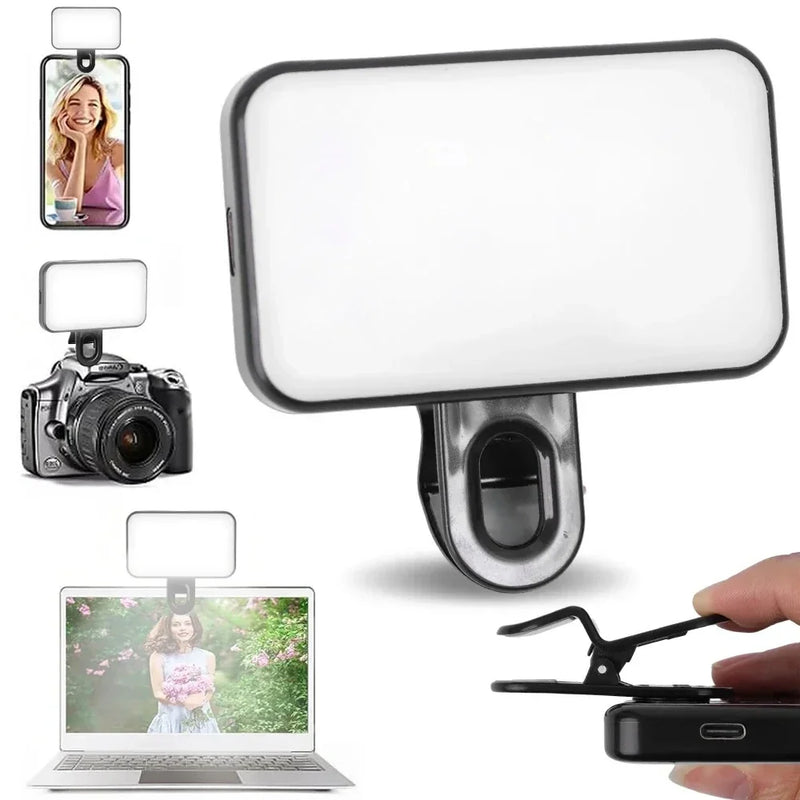 The Mini Selfie Fill Light, with ABS housing and clip, is shown attached to a smartphone, camera, and laptop for enhanced lighting in photos or video calls. A hand demonstrates the clip mechanism. Features: 3 color modes, adjustable brightness, rechargeable.