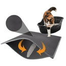 A waterproof cat litter pad calico cat steps out of a black litter box onto the Cat Litter Pad Honeycomb Cat Pad, a gray, double-layer waterproof urine-proof mat. A close-up highlights its honeycomb texture and how it traps litter underneath.