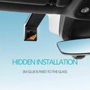 A rearview mirror and vehicle dashboard show the 2K Dash Cam WiFi Car Camera displaying a night road view. Text says Hidden Installation and 3M glue is fixed to the glass, set against a clear blue sky.