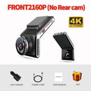Image of a 2K Dash Cam WiFi Car Camera with FRONT 2160P (No Rear cam) text and night vision. Features images from two angles. Includes icons for a car charger, power cord, user manual, and gift showcasing its capabilities.