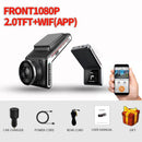 An ad for the 2K Dash Cam WiFi Car Camera shows a sleek device with a lens and screen, labeled FRONT1080P 2.0TFT+WIFI(APP). It includes accessories such as car and rear cords, a charger, manual, and gift. A phone displays the app interface highlighting enhanced night vision for clear footage.