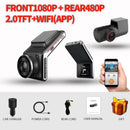 Image of the 2K Dash Cam WiFi Car Camera with front 1080P, rear 480P, night vision, and a 2.0 TFT display. Includes charger, power and rear cords, user manual, and gift. A smartphone displays the dashcam app for easy connectivity.
