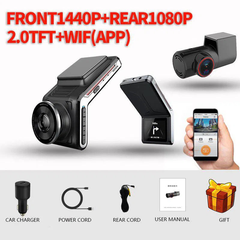 Explore the 2K Dash Cam WiFi Car Camera featuring a front 1440p and rear 1080p camera with night vision. Enjoy seamless connections through its app, images of the setup, a user manual, and an exceptional gift to elevate your driving experience.