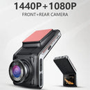 The ad for the 2K Dash Cam WiFi Car Camera shows the front’s large 1440P lens and rotating 1080P rear camera. Text emphasizes its dual-camera, night vision, and superior recording features.