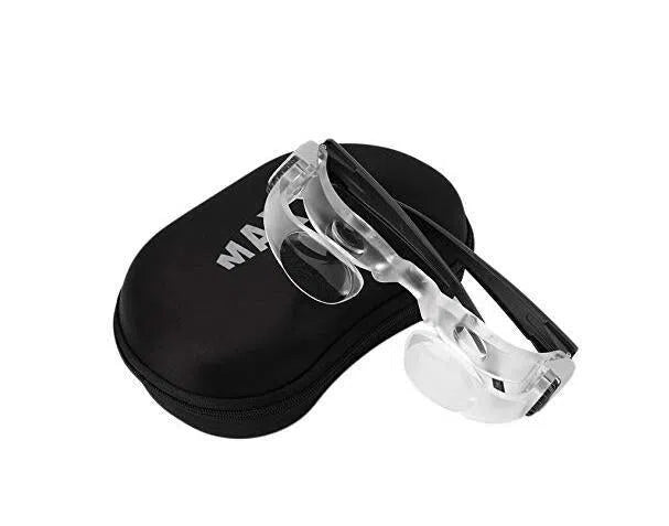A pair of clear magnifying glasses with black temples rests on a black MAX case. The 2.1X Diopter 3 Foldable MaxTV Binoculars offer enhanced vision for distance viewing with attached side lenses.