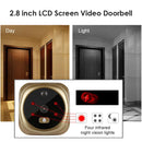 Image of a gold 2.8-inch Infrared Night Vision Camera Video Electronic Peephole Doorbell enhancing home security, featuring four infrared lights. The display clearly shows day and night door images, as demonstrated in an inset.