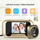 A promotional image features the 2.8 Inch Infrared Night Vision Camera Video Intelligent Electronic Peephole Visual Peephole Doorbell, with a 2.8-inch screen displaying a family photo. Icons show its 160° wide angle, long standby time, 1 million pixels, and night vision. The gold devices round lens adds elegance.