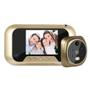 The 2.8 Inch Infrared Night Vision Camera Video Intelligent Electronic Peephole Visual Peephole Doorbell in gold offers a video screen displaying a smiling family of four, and features control buttons below and an attached side camera for enhanced security.