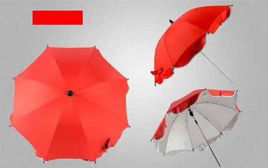 Three 360 Degrees Pram Umbrellas are shown: one from above, one side view, and one interior with white lining. These adjustable stroller umbrellas have sturdy metal frames and handles, ideal as stylish pram accessories for protection against the elements.