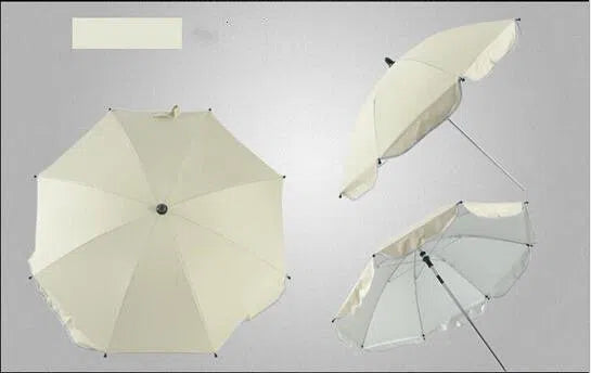 The 360 Degrees Pram Umbrellas are displayed against a gray background: one fully open viewed from above, another partially open tilted to the side, and a fully opened adjustable stroller umbrella seen from underneath.