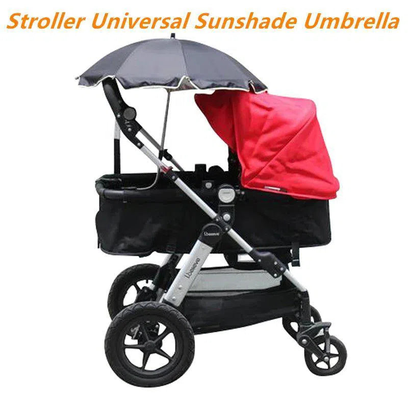 A stroller with a red canopy, large wheels, storage basket, and the 360 Degrees Pram Umbrellas Cart Accessories Adjustable Stroller Umbrella in black. Above it is the text Stroller Universal Sunshade Umbrella.