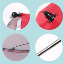 A close-up collage of the 360 Degrees Pram Umbrellas features the tip with a black cap, seam detail, metal frame connection, and a shiny handle. Its a practical cart accessory against a light blue background.