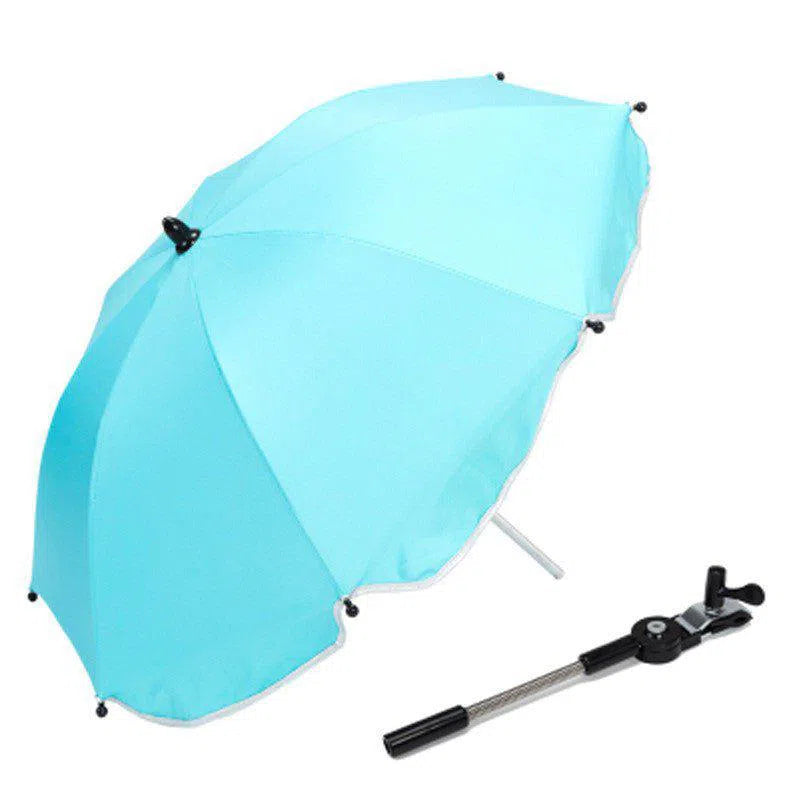A partially open light blue 360 Degrees Pram Umbrella with a silver handle lies next to its detached black and silver clamp, positioned horizontally. This adjustable stroller umbrella is a vibrant and versatile cart accessory.