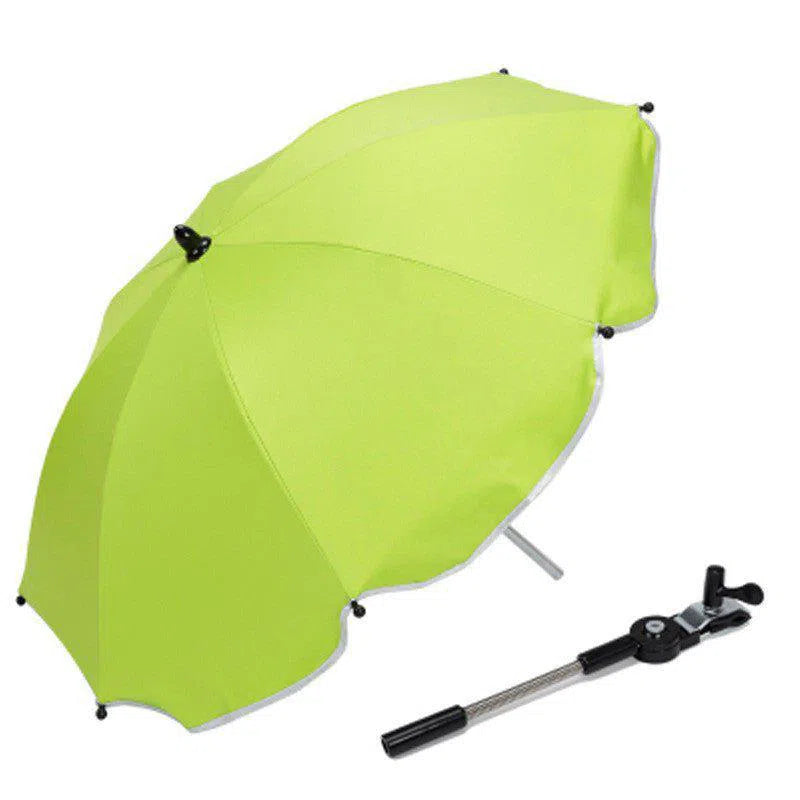 Displayed against a white background, the 360 Degrees Pram Umbrella in bright green features a silver pole and a detachable clamp for easy attachment to various surfaces, making it an ideal adjustable stroller accessory.