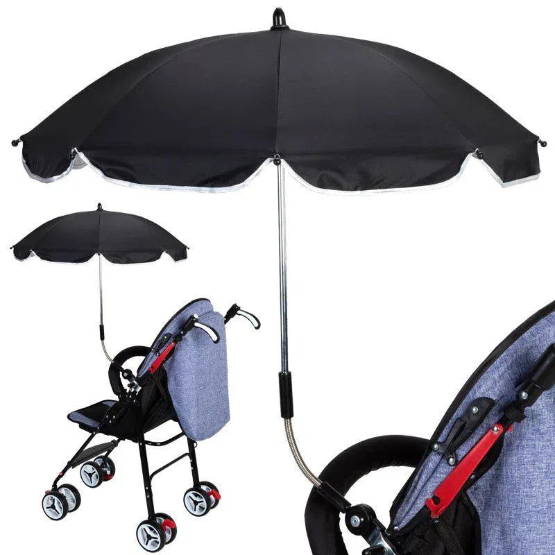 The 360 Degrees Pram Umbrellas Cart Accessories feature a sleek blue fabric seat with a black adjustable umbrella, providing essential shade. Its four wheels offer smooth mobility, blending functionality and style to enhance your strolling experience.