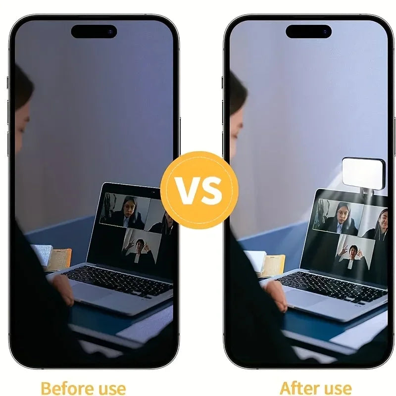 Side-by-side images show a virtual meeting on a laptop, viewed through a phone. The left is dim (Before use), while the right, enhanced by the Mini Selfie Fill Light 3 Color Modes LED, is brighter and clearer (After use).