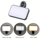 The Mini Selfie Fill Light, a rechargeable clip-on LED for phones and computers, features durable ABS material. Shown above are three lighting modes: White High, White Low, and Warm Light. Adjustable brightness offers versatile photography options.