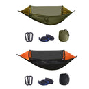 Two Automatic Quick-Opening Double Hammocks, one vibrant green and the other bold orange, include integrated mosquito nets. Each hammock features a pop-up design with carabiners, tree straps, and a carrying pouch. The setup is displayed on a white background.