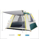 The Automatic Tent Outdoor Camping Barbecue features a green and grey design with a pole-supported front canopy, ideal for outdoor adventures. It includes mesh windows and a door for ventilation. Accessories: stakes, yellow rope, and blue carrying bag.