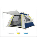 The Automatic Tent Outdoor Camping Barbecue is shown in blue and gray with a sunshade extension. It features mesh windows, yellow accents, and a waterproof design. Accessories like a pole, stakes, and storage bag are included—ideal for effortless outdoor camping adventures.