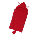 A cozy red knitted baby sleeping bag with a textured pattern, lamb cashmere lining, and hood featuring two small white-tipped ears. It has a tail at the bottom and buttons down the sides for easy fastening.