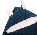 A close-up of a knitted dark blue hood with small white plush ears and lamb cashmere lining, resembling an animals head. The soft, woolly texture gives a cozy look, akin to the Baby sleeping bag.