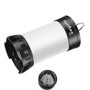 The Camping Lights Outdoor Multi-function LED is a sleek black and white cylindrical rechargeable lantern, ideal for outdoor adventures. It features a top hook for easy hanging and a cap that opens to reveal the battery compartment.