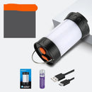 The Camping Lights Outdoor Multi-function LED Rechargeable Super Bright Tent Lantern features a black base, white cylindrical body, and two orange buttons. Ideal for outdoor activities, it comes with a blue box, rechargeable battery, and USB-C cable.