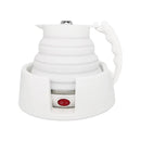 The Car Folding Electric Heating Kettle features a 12V foldable white design, a ridged and flexible body, a red power switch, and an ergonomic handle, making it ideal for travel convenience.