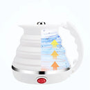 The Car Folding Electric Heating Kettle features a collapsible, translucent white body and is powered by 12V. Yellow and orange arrows indicate rising steam, while a red power switch at the base and a curved handle ensure ease of use.