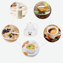 In the center, a Car Folding Electric Heating Kettle, with its compact body, is surrounded by images of baby milk, tea, coffee, soup, and oatmeal with blueberries. Lines connect them in a harmonious circle.