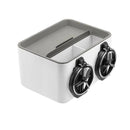 The Car Sundries Storage Cup Drink Mobile Phone Armrest Box Tissue Box features a white rectangular design with dual circular vents on one side, a gray top edge, and an interior divider creating two compartments. Ideal for storing car essentials, it doubles as an armrest box.