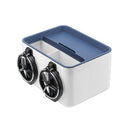 The Car Sundries Storage Cup Drink Mobile Phone Armrest Box Tissue Box is a white rectangular holder with a blue top and two circular openings, ideal for storing tissues and dividing small items, making it perfect for organizing sundries in your car.