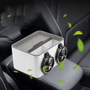 A Car Sundries Storage Cup Drink Mobile Phone Armrest Box Tissue Box in white and gray is on a car seat. Two vent-like structures suggest airflow as green leaves float around, indicating freshness while providing multifunctional storage for organizing car items.