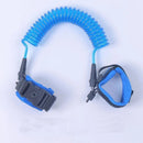 The Child Safety Wristband features a blue coiled tether with black connectors and a 360-degree rotation. It has an adjustable strap with a buckle on one end and an anti-slip Velcro design on the other, ideal for securing objects or using as a child safety device.
