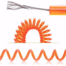 Close-up of a Child Safety Wristbands coiled orange cable with exposed silver wire strands. The main section loops upward, while another spirals horizontally, all on a white backdrop, reminiscent of its 360-degree free rotation feature.