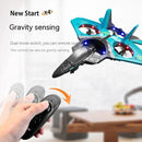 A futuristic teal children’s aircraft with blue lights hovers. A hand uses a black remote control labeled New Start x4 and Gravity sensing, boosting hand-eye coordination. In the blurred living room background, it features as the V17 Fighter Drone Drop-resistant Foam Glider Stunt Boy Toy.